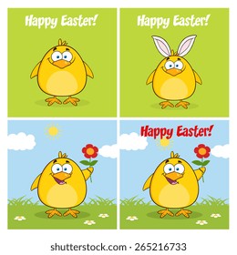 Funny Yellow Chick Cartoon Character Different Poses 7. Vector Collection Set Isolated On White