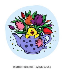 Hübscher gelber Küken pinkelt aus verrücktem Teekopf in einen Strauß mit Frühlingtulips. Für Aufkleber, Postkarte, Frühlingsferien, Ostern, Valentinstag, Mutter- und Frauentag, Geburtstag