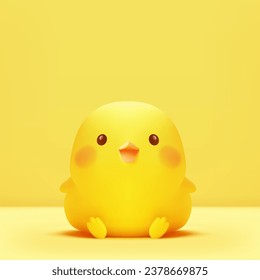 Funny yellow chick small cute baby chicken 3d icon isolated on studio background realistic vector illustration. Positive adorable farm bird child with wings paws and beak smiling sitting lovely mascot