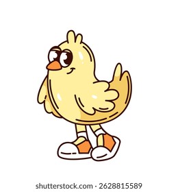 Funny yellow chicken with big eyes, wearing orange sneakers and walking confidently. Groovy cartoon doodle style. Farm animal for kids design, stickers, or prints. Vector illustration