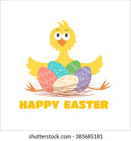 Funny yellow chicken and colorful Easter eggs decorated with floral ornament lying on straw nest. Happy Easter greeting card