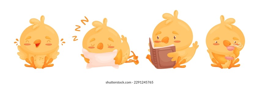 Funny Yellow Chicken Engaged in Different Activity Vector Set