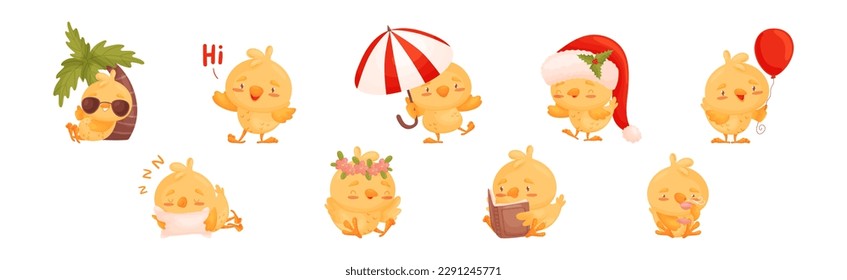 Funny Yellow Chicken Engaged in Different Activity Vector Set