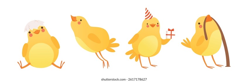 Funny Yellow Chicken Engaged in Different Activity Vector Set