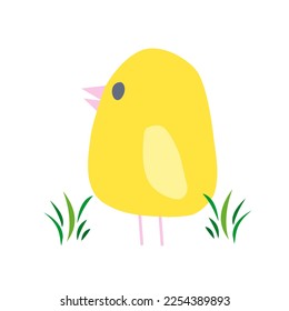 Funny yellow chicken in flat style .green grass .cartoon style 