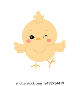 Funny yellow chicken in flat style on a white background. Easter chick.