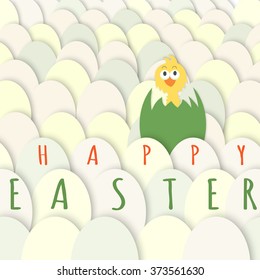 Funny yellow chicken in green egg with broken shell among many white eggs. Easter greeting card