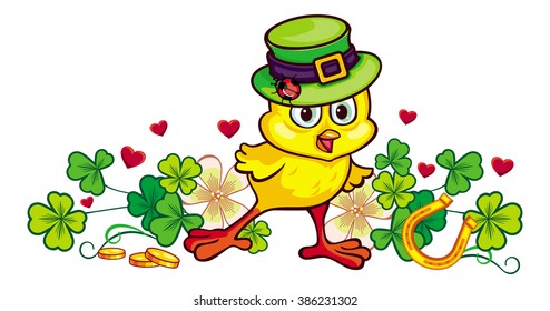 Funny yellow chicken in the green leprechaun hat. Vector clip art.