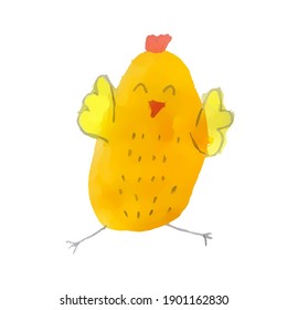Funny yellow chicken jumping for joy on a white background. Watercolor vector illustration. Easter holiday. Isolated.
