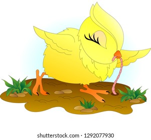 funny yellow chicken pulls a pink worm