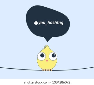 Funny yellow chicken with speech bubbles and hashtag symbol for your text. Concept of chicken thought