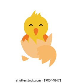 Funny yellow chicken. Vector illustration on white isolated background.