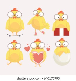 Funny yellow chickens in different poses, vector illustration.