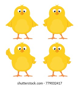 Funny yellow chickens isolated on white background, illustration.