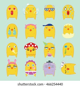 Funny Yellow Chickens Set. Emoticon background.