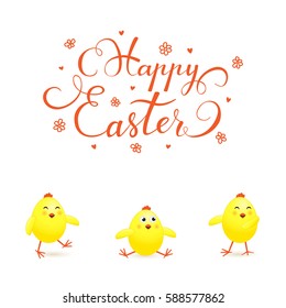 Funny yellow chicks on white background and holiday lettering Happy Easter, illustration.