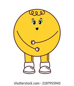 Círculo amarillo gracioso. Educación, aprendizaje y formación de los niños. Sticker de historietas para las redes sociales. Personaje feliz y sorprendido. Emoji, expresión y emoticono. Dibujo vectorial plano de dibujos animados