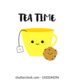 Funny yellow cup of tea and cookie on white background. Tea time vector card