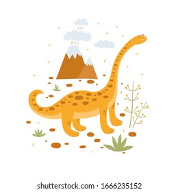 Funny yellow diplodocus on background of volcanoes. Cute dinosaur isolated on white background. Funny prehistoric animal of the Jurassic period. Colorful cartoon vector illustration in flat style.