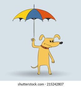 Funny yellow dog with a colorful umbrella, painted in the style of children's drawings.