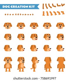 Funny yellow dog creation set. Various gestures, emotions, diverse poses, views. Create your own pose, animation. Flat style vector illustration