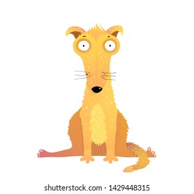 Funny yellow dog flat vector illustration. Cute domestic animal flat vector illustration. Adorable canine pet with big surprised eyes cartoon character. Fluffy mammal sitting in leg split pose.