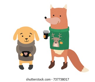 Funny yellow  dog and fox with coffee. Symbol of year 2018. Flat style illustration isolated