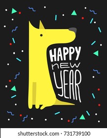 Funny yellow dog and Happy new year letters. Symbol of year. Flat style, illustration isolated on a black background