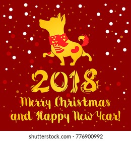 funny yellow dog on red background. symbol of chinese new year card. vector illustration