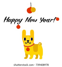Funny yellow dog symbol of year 2018. Flat style, vector illustration isolated on a white background. Happy New Year lettering
