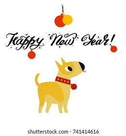 Funny yellow dog symbol of year 2018. Flat style, vector illustration isolated on a white background. Happy New Year lettering.