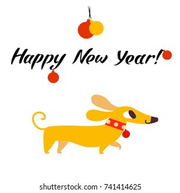 Funny yellow dog symbol of year 2018. Flat style, vector illustration isolated on a white background. Happy New Year lettering.