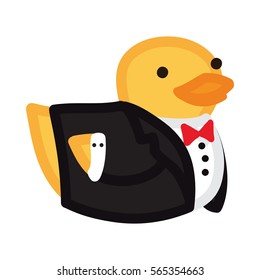 Funny yellow duck like groom in suit and bow