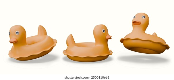 Funny yellow duck for safe swimming. Inflatable circle yellow bird in different positions