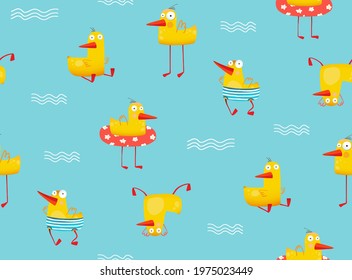 Funny Yellow duck swimming with inflatable in pool. Humorous duck seamless pattern for children apparel and textile. Vector background.