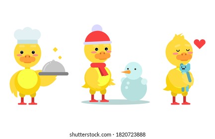 Funny Yellow Duckling Cooking and Hugging Toy Animal Vector Set