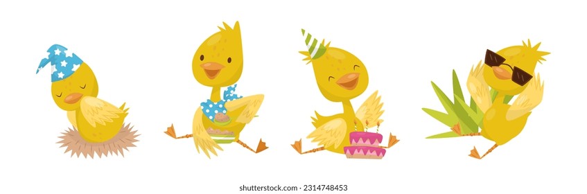 Funny Yellow Duckling Engaged in Different Activity Vector Set