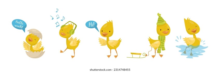Funny Yellow Duckling Engaged in Different Activity Vector Set