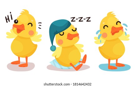 Funny Yellow Duckling Greeting, Sleeping and Crying Vector Set