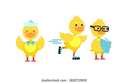 Funny Yellow Duckling Reading Book and Roller Skating Vector Set