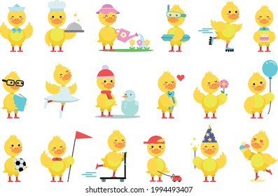 Funny Yellow Duckling Reading Book and Roller Skating Vector Set