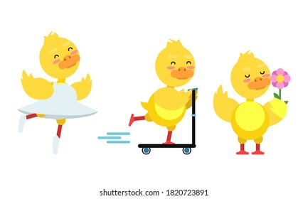 Funny Yellow Duckling Riding Scooter and Dancing Ballet Vector Set