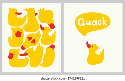 Funny yellow ducks vector prints isolated on white. Rectangle shape illustrations set with cartoon birds.