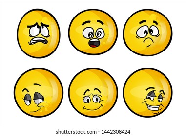 funny yellow emoticon. Set of emojis with various face expression. Vector Illustration Isolated On White Background