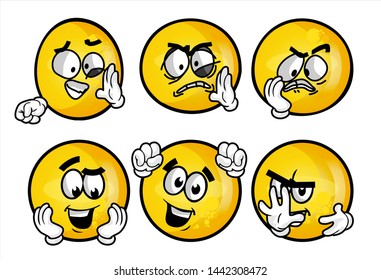 funny yellow emoticon. Set of emojis with various face expression. Vector Illustration Isolated On White Background