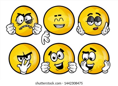 funny yellow emoticon. Set of emojis with various face expression. Vector Illustration Isolated On White Background