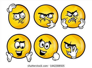 funny yellow emoticon. Set of emojis with various face expression. Vector Illustration Isolated On White Background