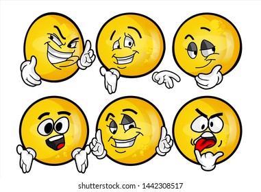 funny yellow emoticon. Set of emojis with various face expression. Vector Illustration Isolated On White Background