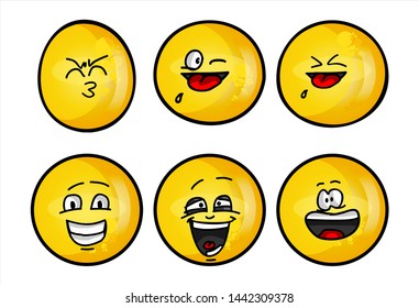 funny yellow emoticon. Set of emojis with various face expression. Vector Illustration Isolated On White Background
