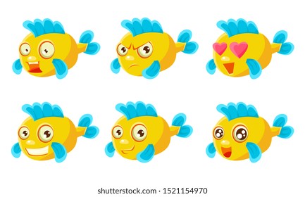 Funny Yellow Fish with Different Emotions Set, Cute Sea Creature Cartoon Character Vector Illustration